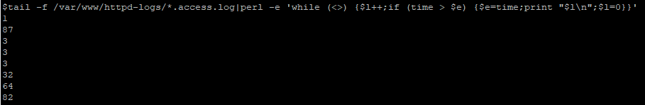 tail -f /var/log/logfile|perl -e 'while (<>) {$l++;if (time > $e) {$e=time;print "$l\n";$l=0}}'