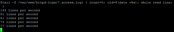 tail -f /var/log/logfile| { count=0; old=$(date +%s); while read line; do ((count++)); s=$(date +%s); if [ "$s" -ne "$old" ]; then echo "$count lines per second"; count=0; old=$s; fi; done; }