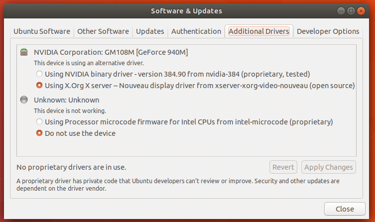 Ubuntu Additional drivers