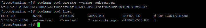 podman pod create --name webserver