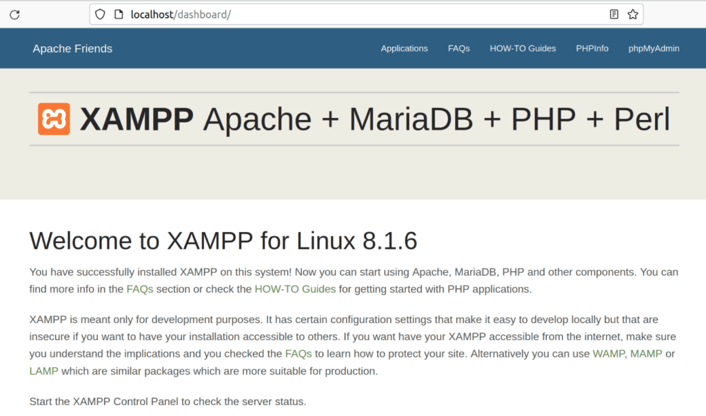 XAMPP успешно запущен на Debian 10