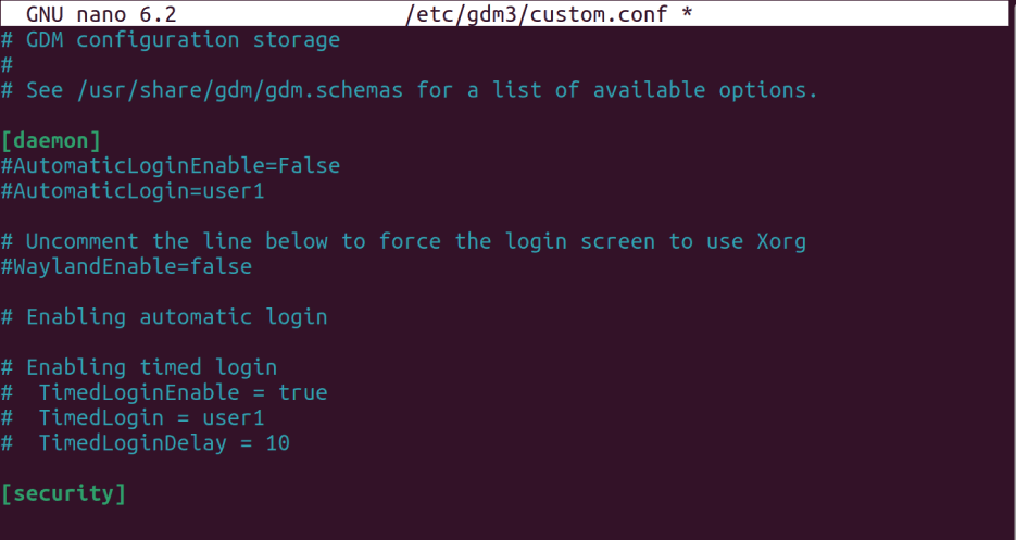 /etc/gdm3/custom.conf в редакторе