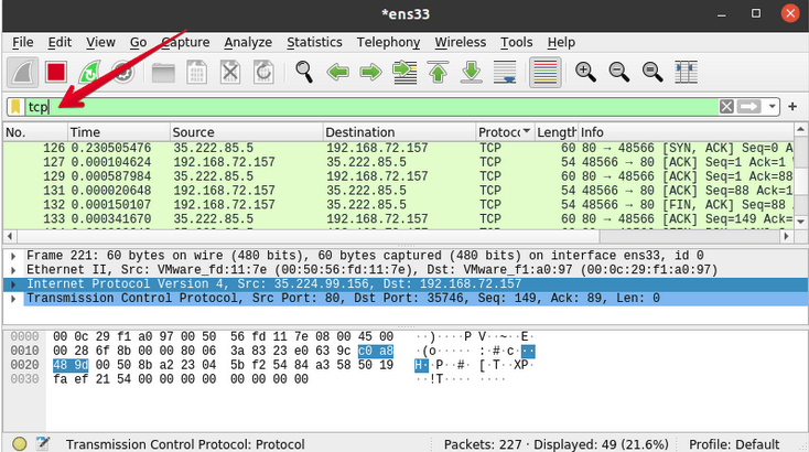 Фильтр TCP-пакетов в Wireshark