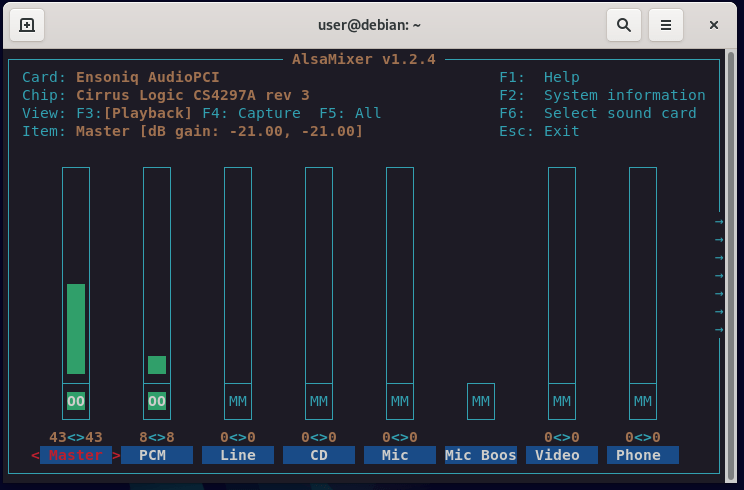 Alsamixer в оболочке Linux Debian