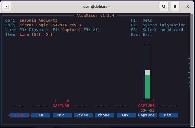 Вид захвата Alsamixer
