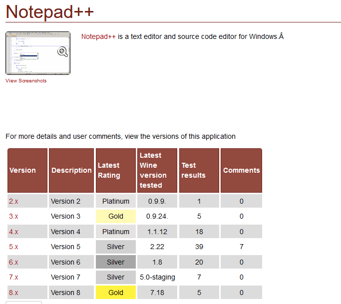 Посмотреть, какая версия WINE поддерживает, например, Notepad++