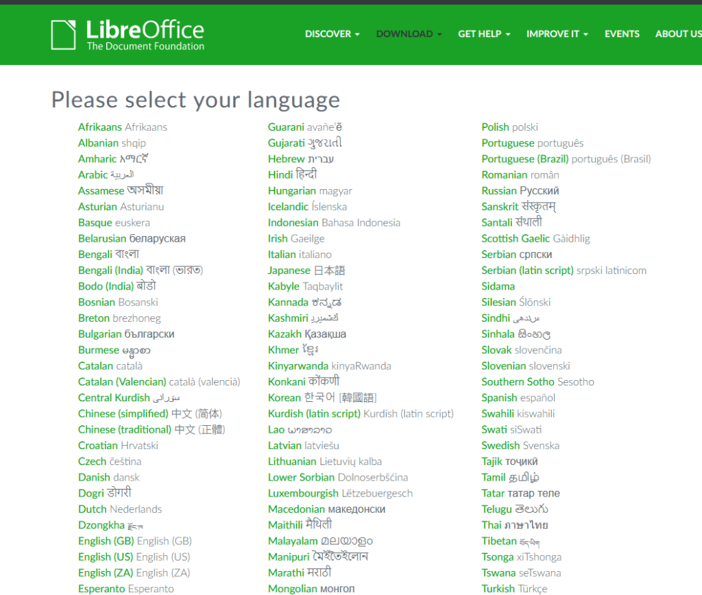 Загрузка нужного языка с официальной страницы загрузки LibreOffice