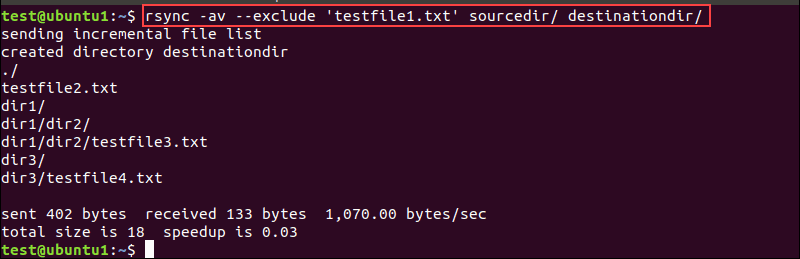 Команда Rsync в терминале, показывающая, как исключить определенный файл.