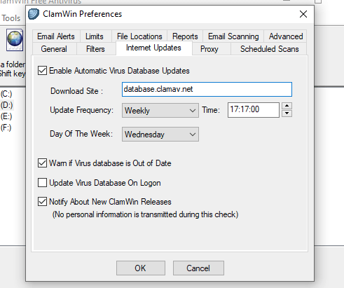 ClamWin Free Antivirus: Tools - Preference - Internet Updates