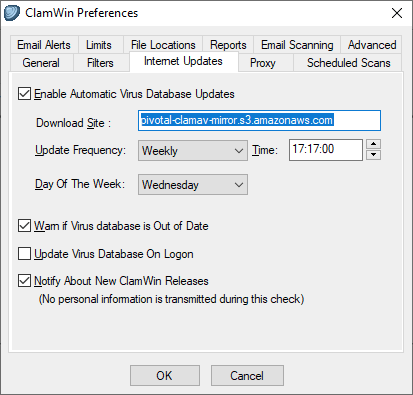 ClamWin Free Antivirus: Tools - Preference - Internet Updates