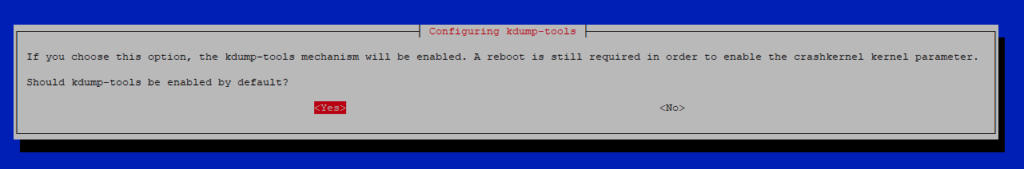 Если вы выберете эту опцию, механизм kdump-tools будет включен. Для включения параметра ядра crashkernel по-прежнему требуется перезагрузка.