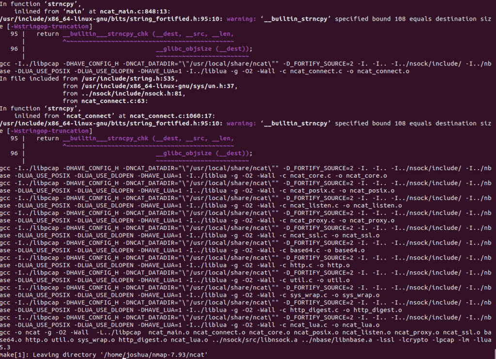 пример вывода терминала make при сборке nmap на ubuntu linux