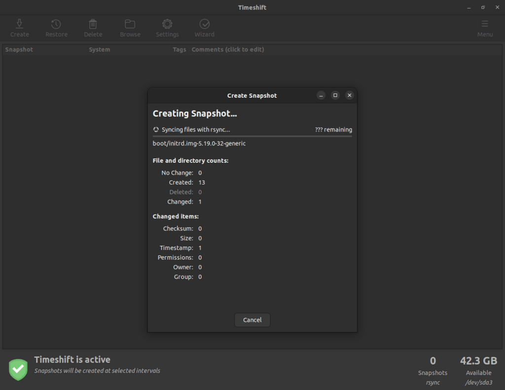 создание моментального снимка с помощью timeshift на ubuntu linux
