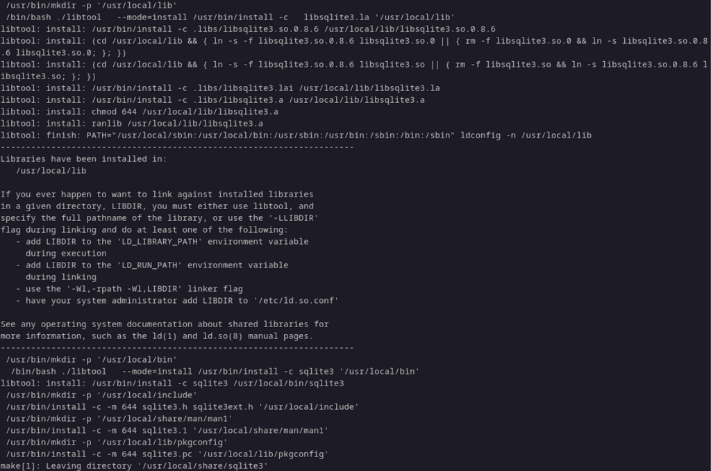 пример завершения ручной установки sqlite 3 на debian linux