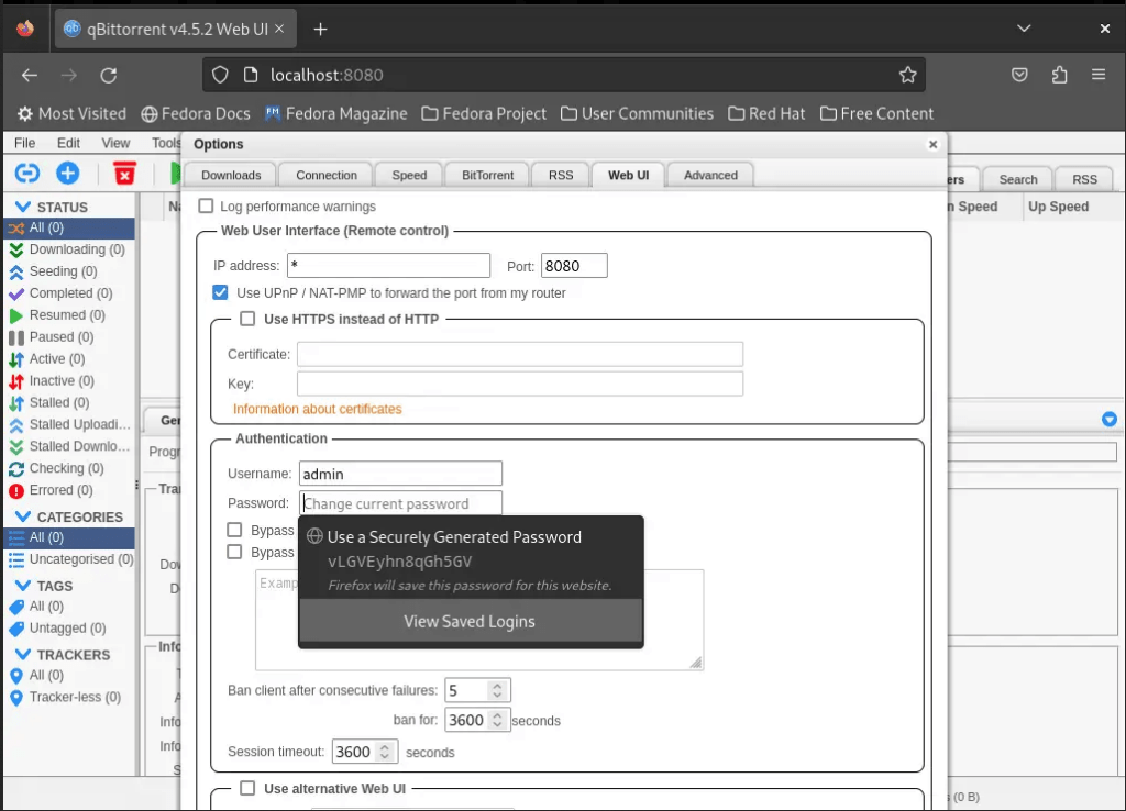 Снимок экрана, иллюстрирующий процесс изменения пароля для WebUI qBittorrent в Fedora Linux.